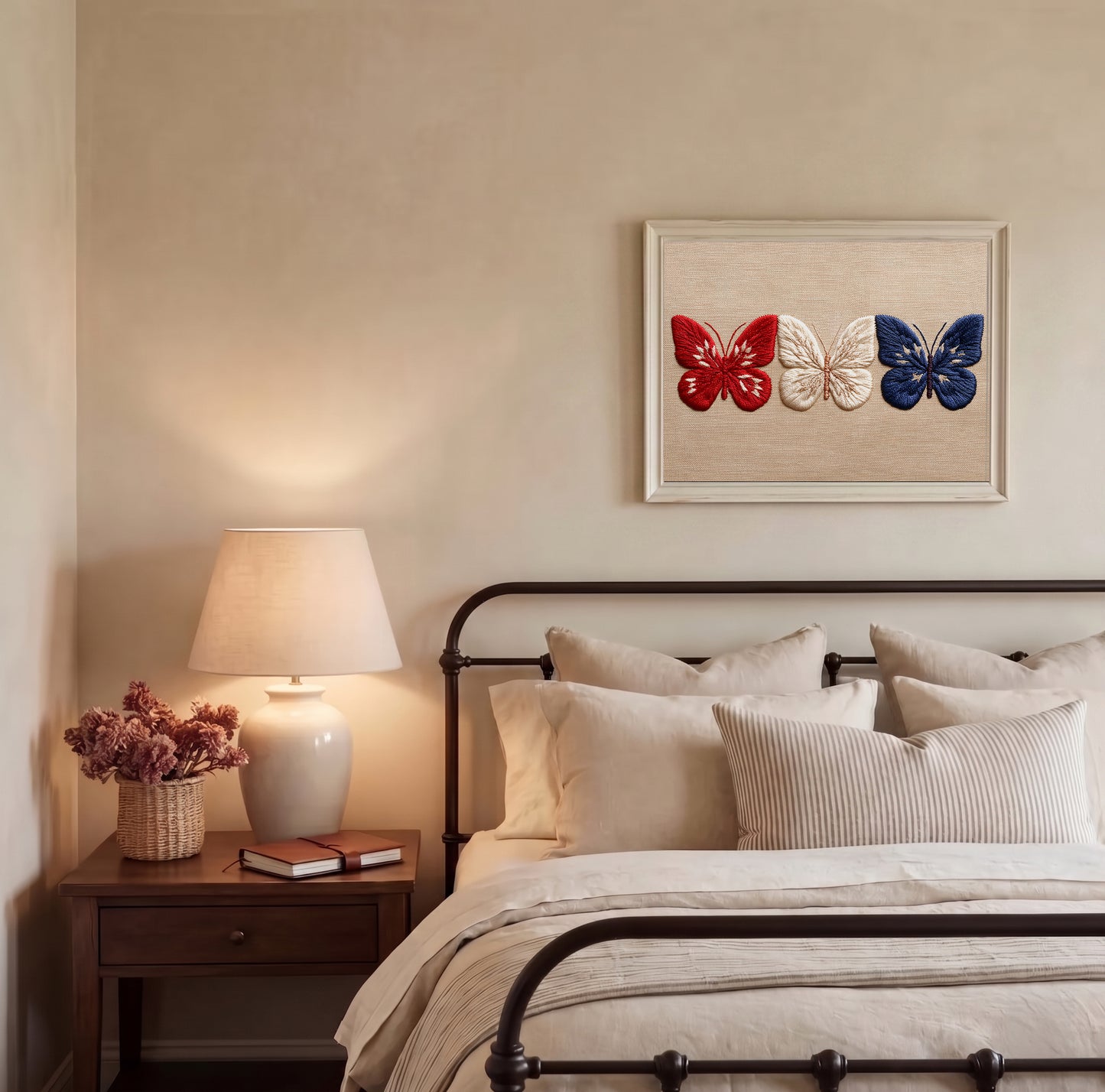 Embroidered Patriotic Butterfly Wall Art, Red White Blue Americana Print, 4th of July Textile Poster, Summer Decor