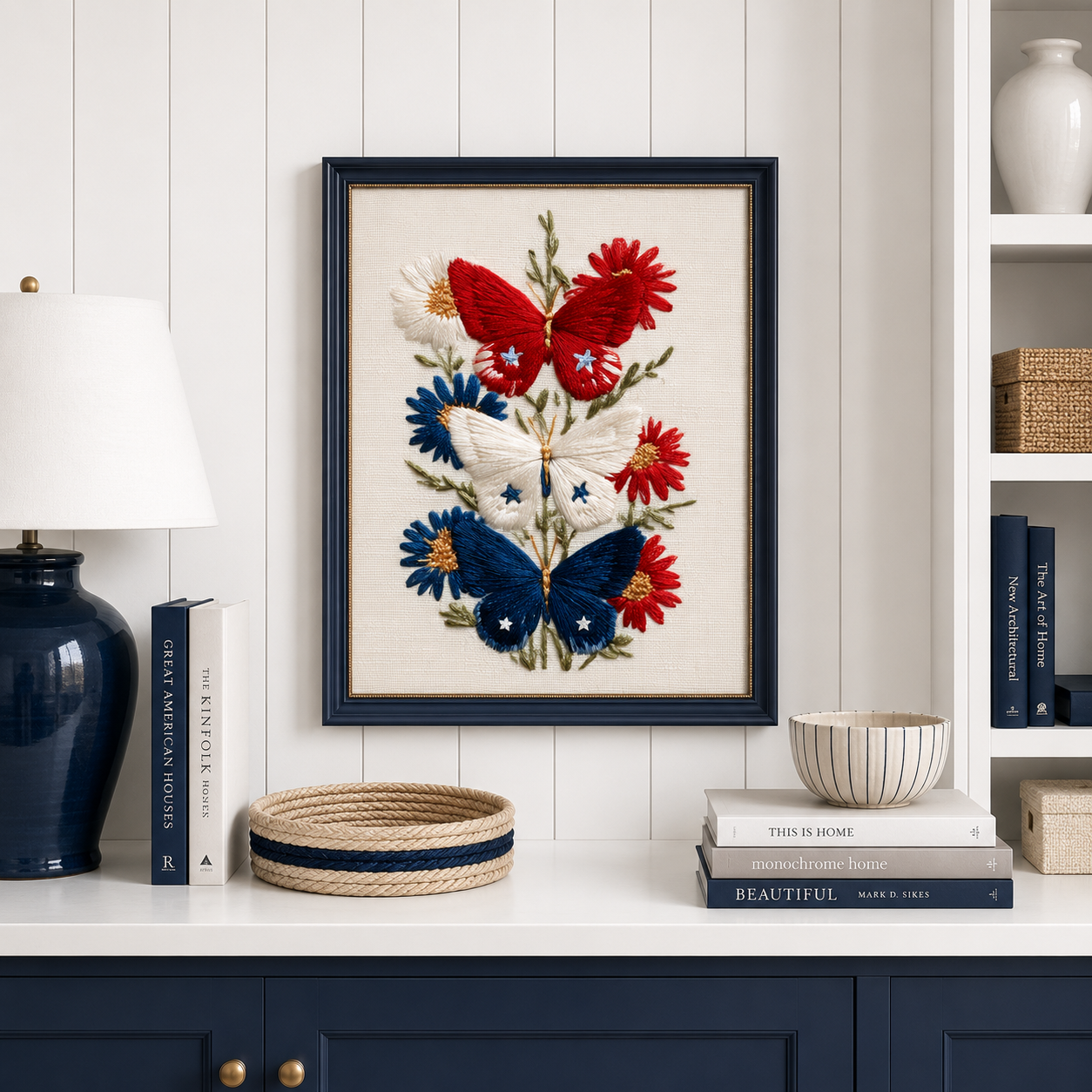 Embroidered Patriotic Butterfly Wall Art, Red White Blue Floral Print, 4th of July Americana Decor (Digital Download)