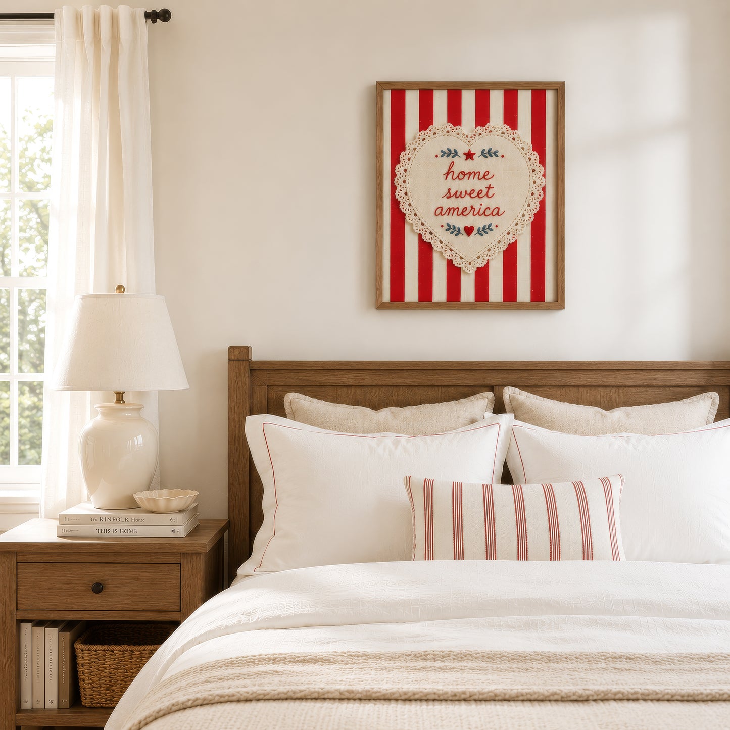 Embroidered Home Sweet America Wall Art, Patriotic 4th of July Print, Americana Textile Poster (Digital Download)