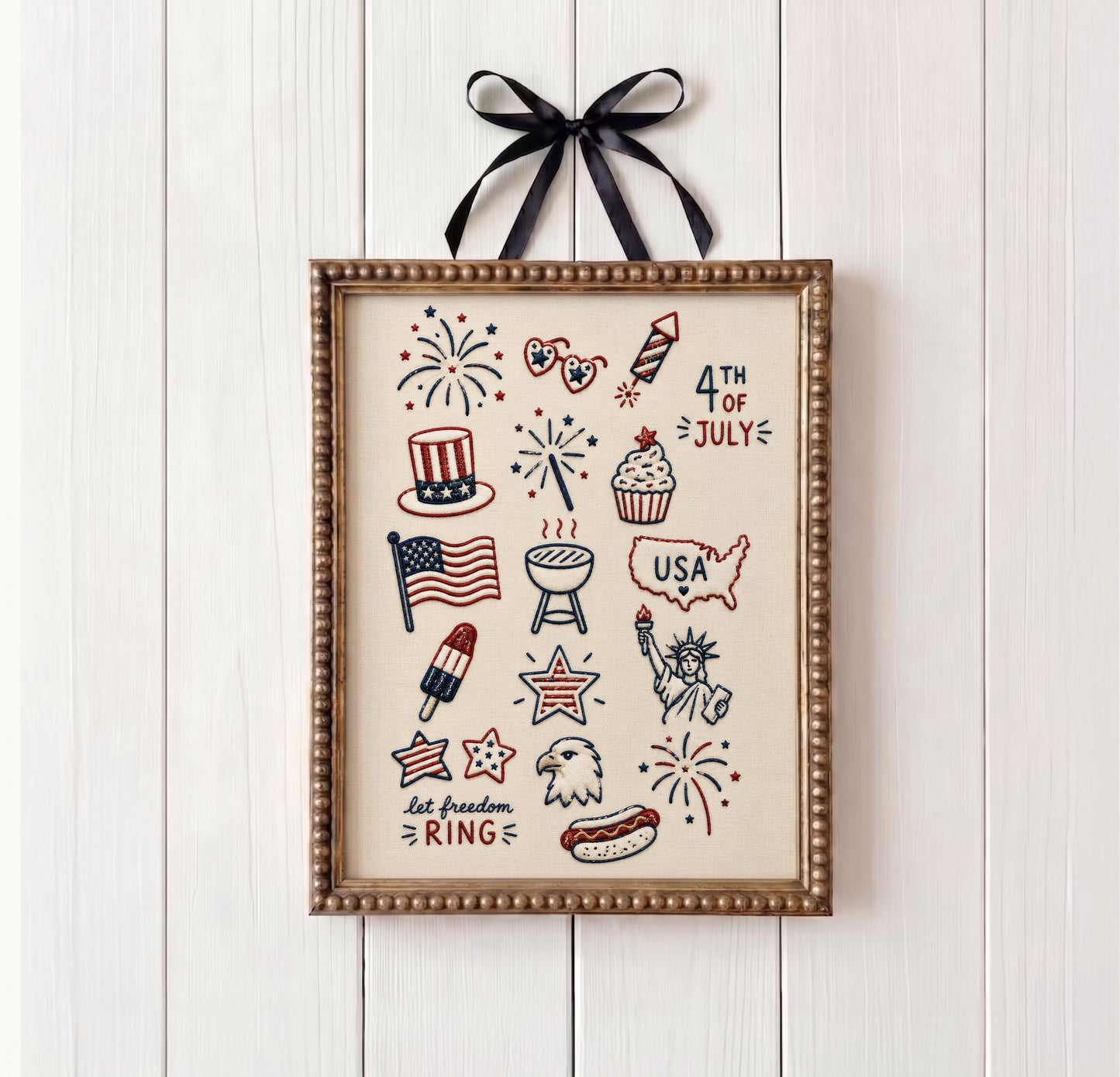 Embroidered 4th of July Icons Print, Patriotic USA Sampler Poster, Americana Wall Art (Digital Download)