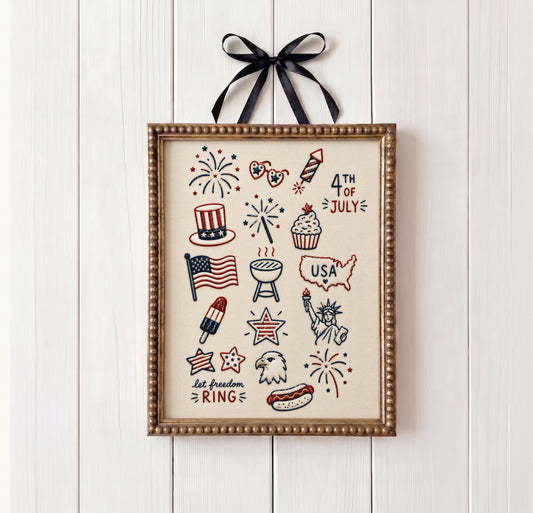 Embroidered 4th of July Icons Print, Patriotic USA Sampler Poster, Americana Wall Art (Digital Download)