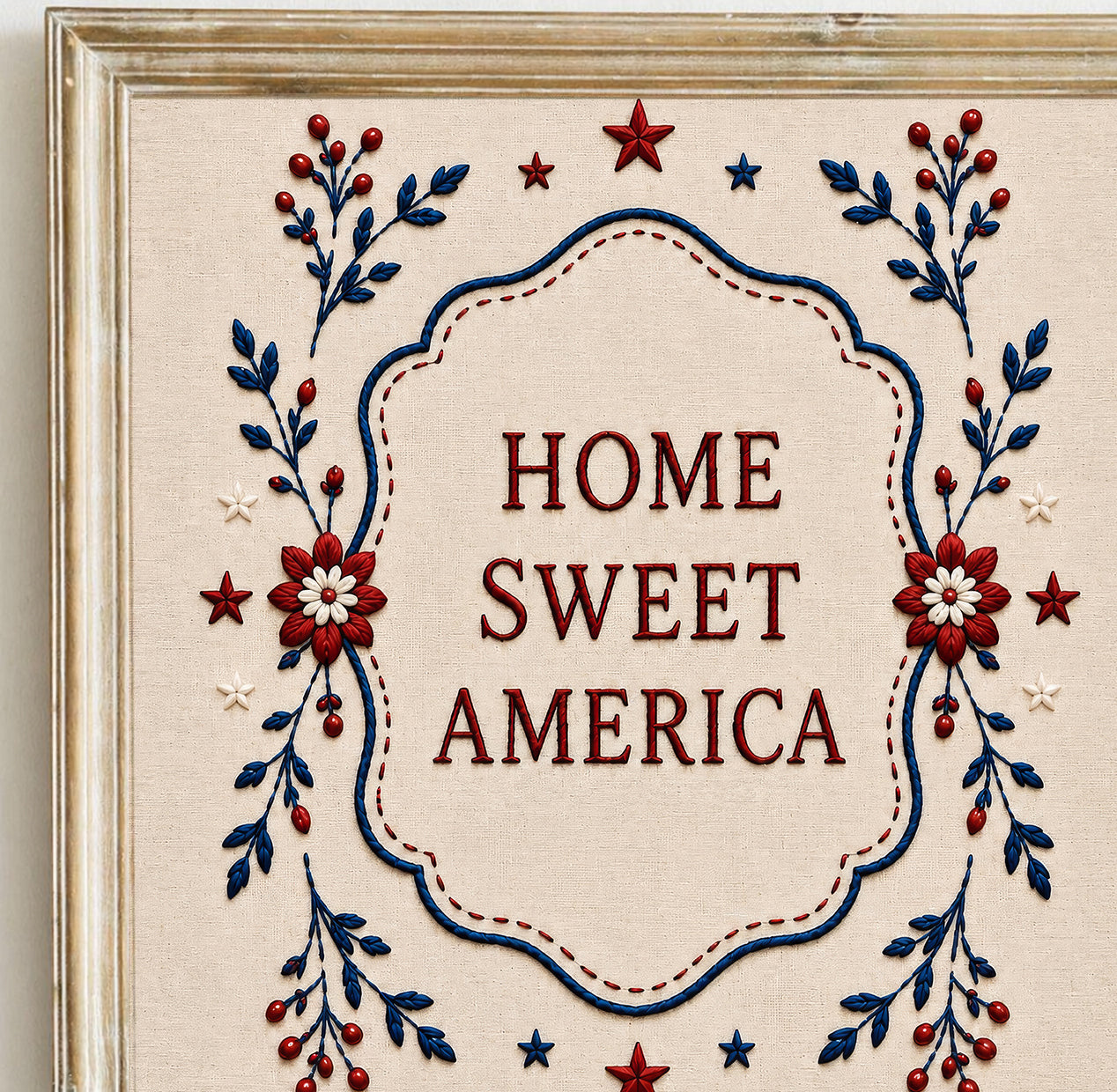 Embroidered Home Sweet America Print, Patriotic Floral Wall Art, 4th of July Textile Poster (Digital Download)