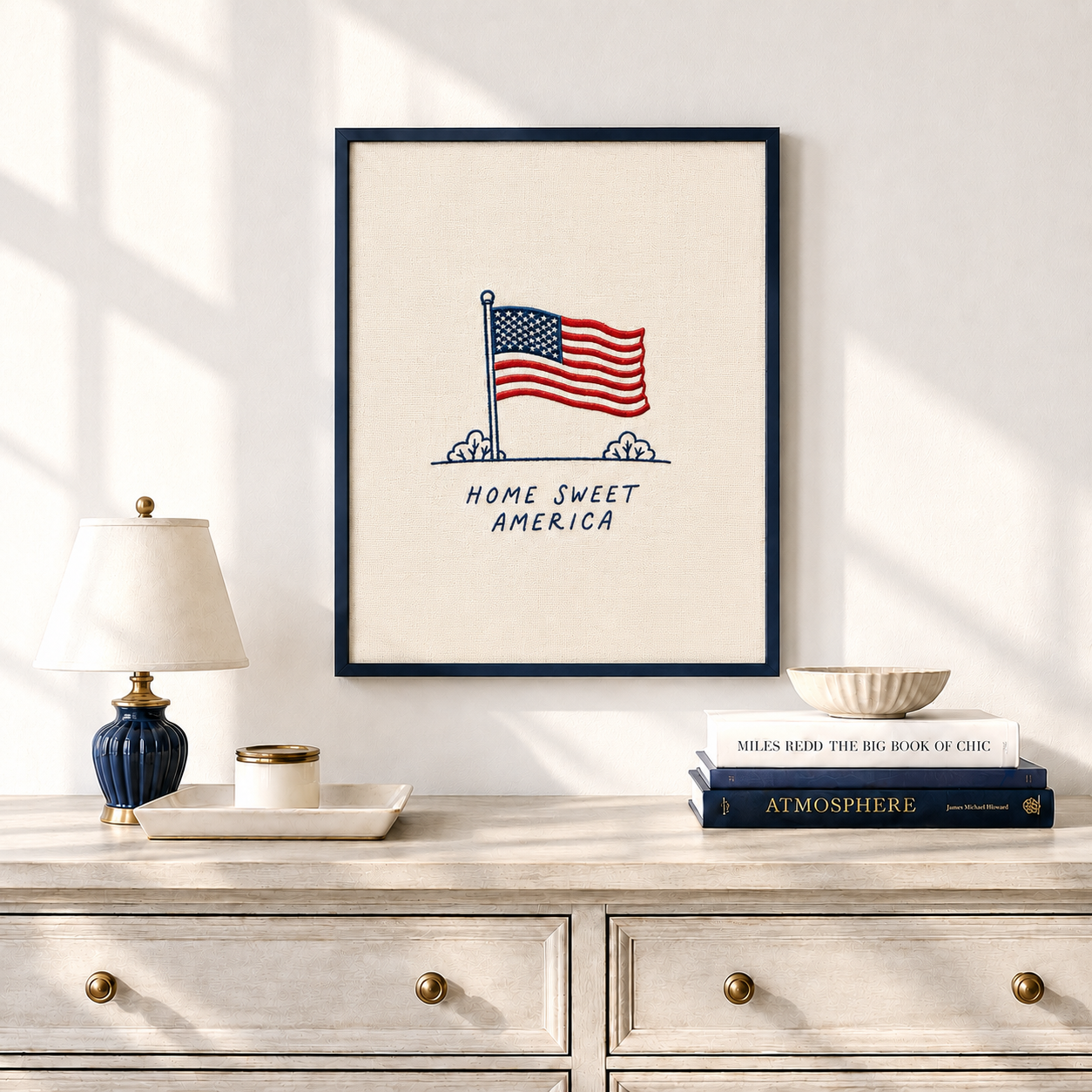 Embroidered American Flag Wall Art, Home Sweet America, Vintage Patriotic Print (Digital Download)