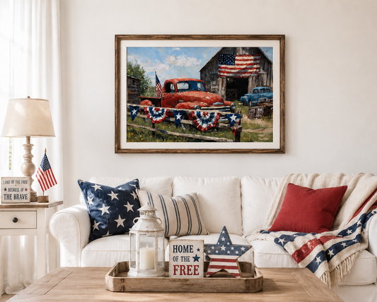 Vintage Patriotic Truck Wall Art, 4th of July Farmhouse Print, Americana Barn Poster, Rustic Summer Decor