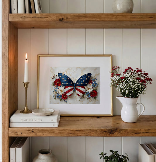 Patriotic Butterfly Wall Art, American Flag Floral Print, 4th of July Poster (Digital Download)
