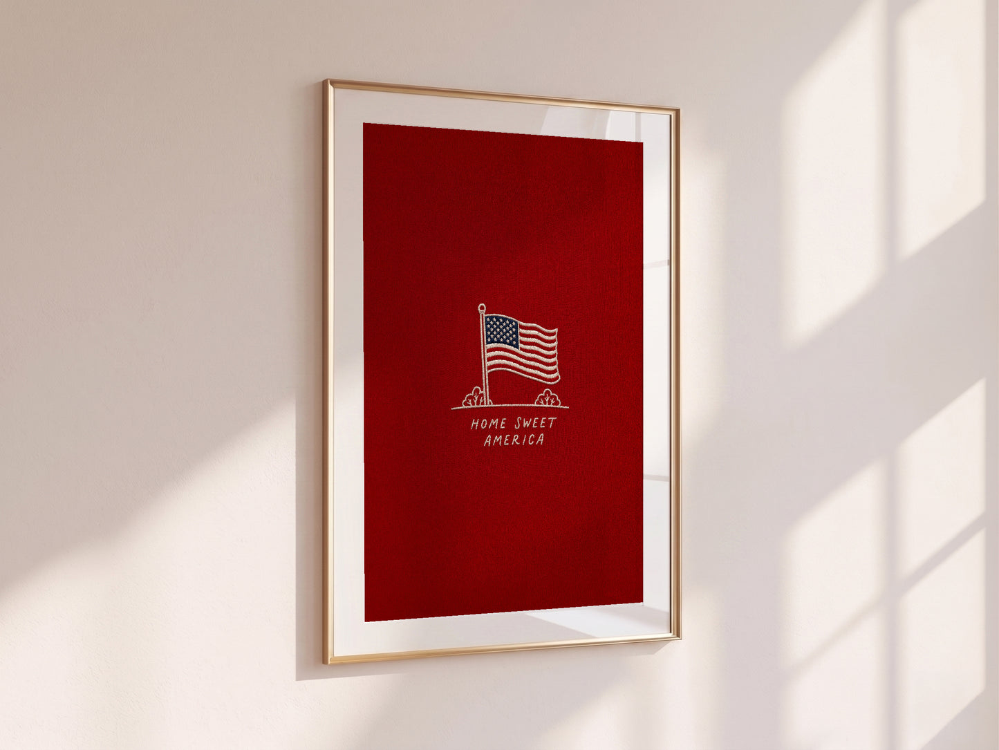 Embroidered Home Sweet America Wall Art, Patriotic Flag Print, Minimalist 4th of July Textile Poster