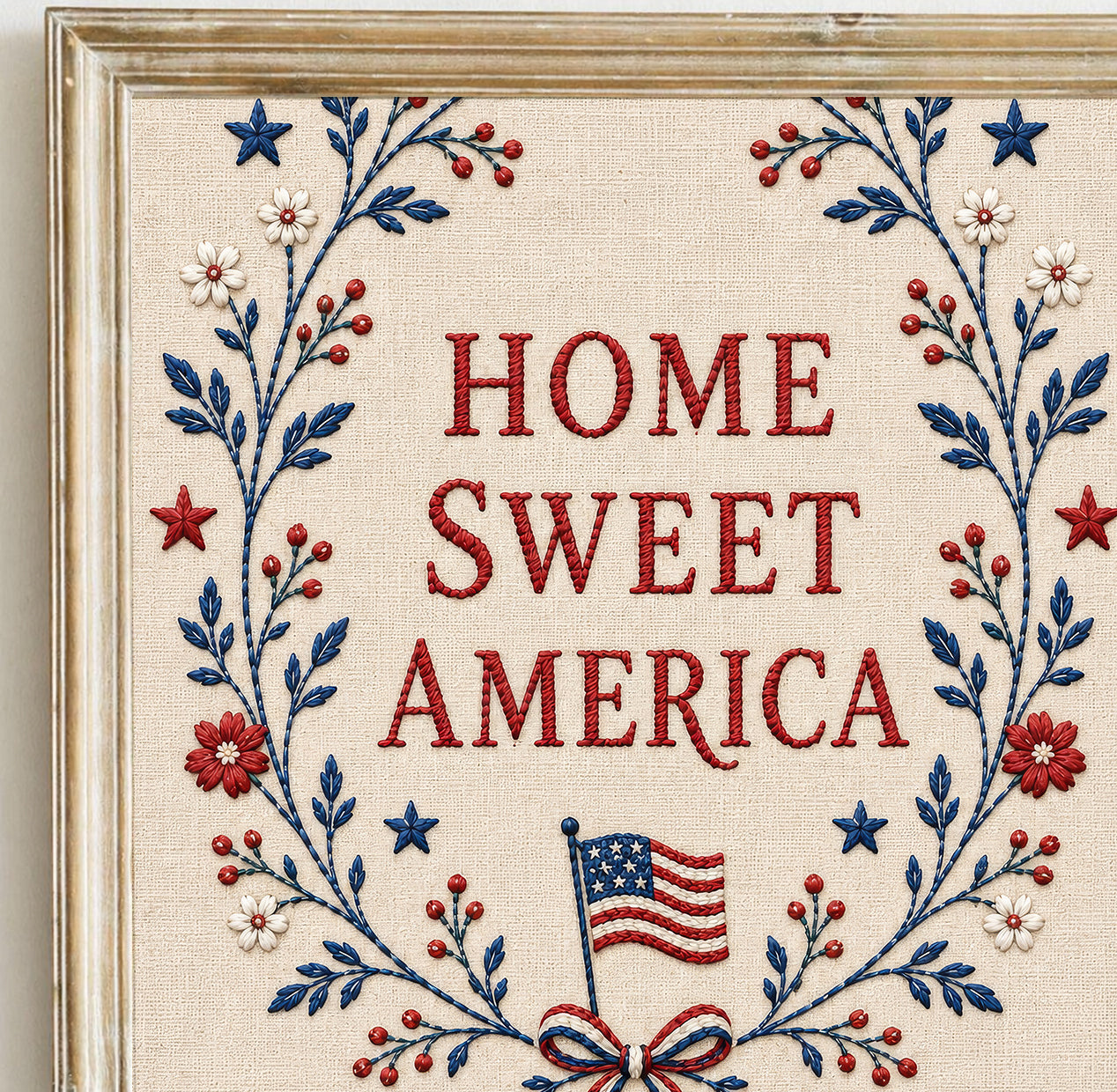 Embroidered Home Sweet America Print, Patriotic Floral Wreath Textile, 4th of July Poster (Digital Download)