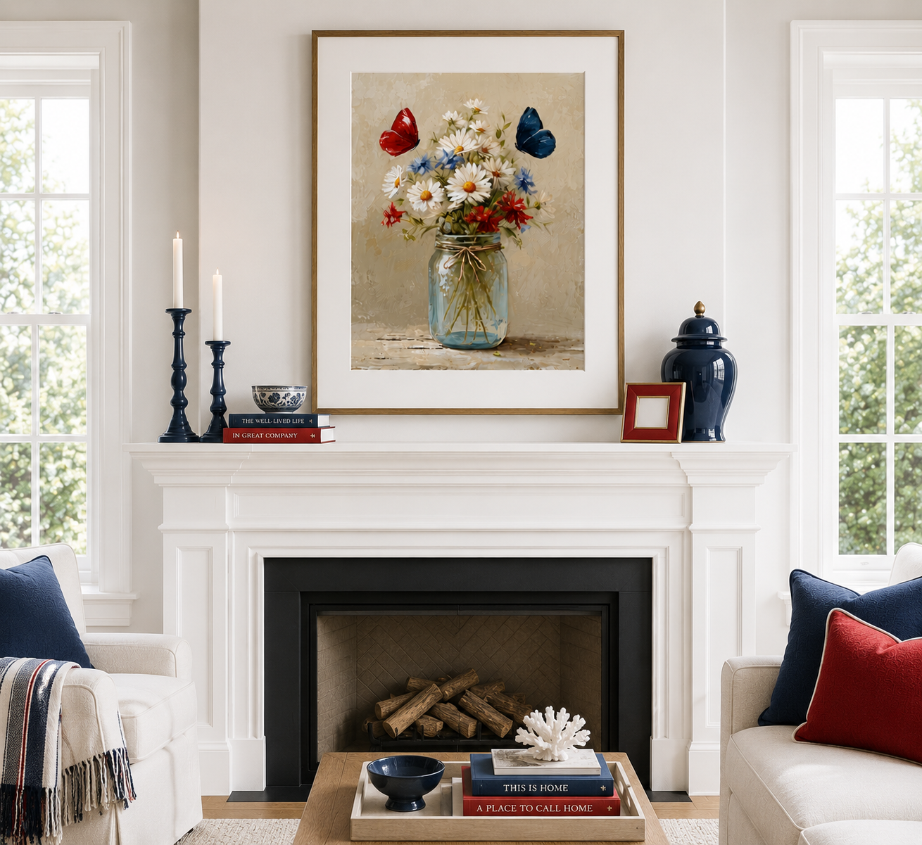 Patriotic Daisy Flower Jar Wall Art, 4th of July Americana Floral Poster (Digital Download)
