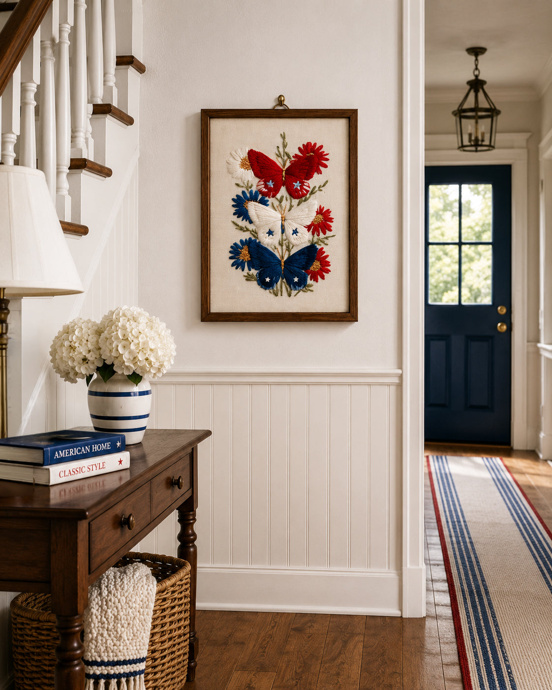 Embroidered Patriotic Butterfly Wall Art, Red White Blue Floral Print, 4th of July Americana Decor (Digital Download)